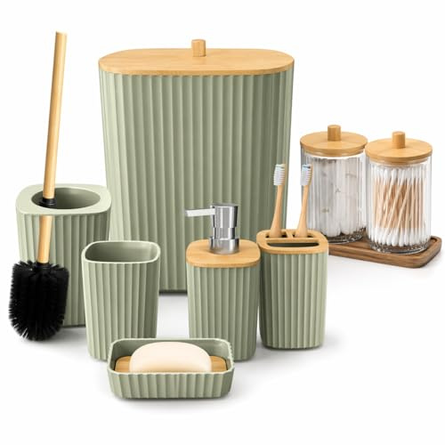 Kikzi® Bathroom Accessories Set 6PC with Trash Can & Toilet Brush + 2 Cotton Jars Bonus, Modern Ribbed Bathroom Set Includes Soap Dispenser, Toothbrush Holder, Tumbler & Soap Dish (Sage Green)