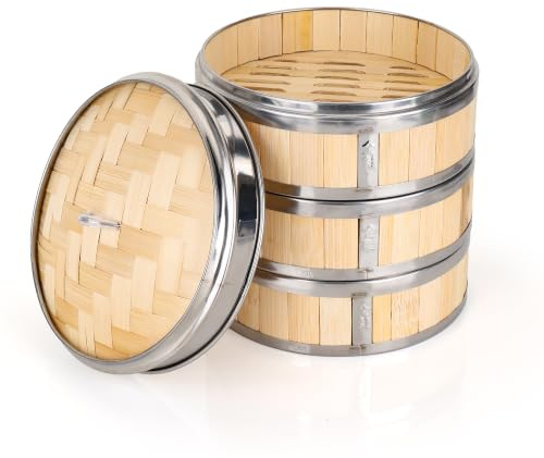 WENLISELL Bamboo Steamer 10 Inch, 3 Tier Dumpling Steamer with Lid | 26cm Metal Rings, For Bao Buns, For Dim Sum, For Meat, For Fish