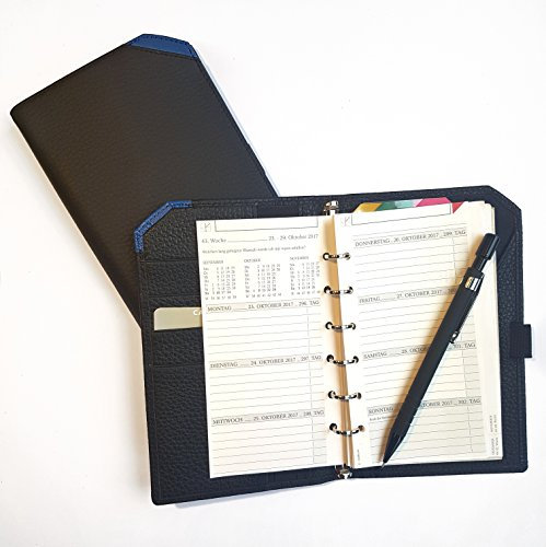 HelfRecht Terminplaner Ringbuch Team-Line aus Leder/Wochenplaner/Tagesplaner für 2024-13-mm-Ringmechanik - Griffecke blau