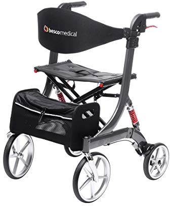 Leichtgewicht-Rollator Spring - Gehhilfe mit Komfort-Federung - höhenverstellbar & faltbar - inklusive Netztasche & Rückengurt - bequeme Sitzfläche - zusammenklappbar - Modell M Graphitgrau