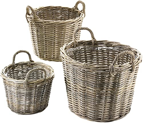 Kobolo Übertopf Blumentopf Blumenkorb Pflanzkorb - Rattan - 3er Set - In-/Outdoor - Grau