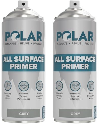 Polar Matt Grey Primer Spray Paint - 2 x 400ml | High-Build Filler Primer Paint for Wood, Metal, Plastic, Ceramics, Tiles & Painted Surfaces | Spray Primer for Long Lasting Protection & Quick Drying