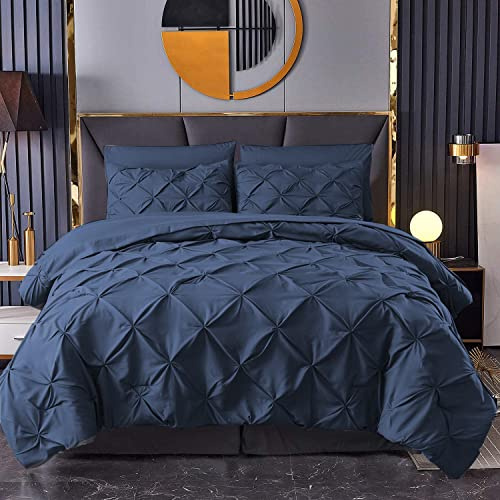 MK Home Textile Parure de lit 3 pièces avec housse de couette plissée - 100 % percale de coton 200 fils - Blanc/gris argenté/anthracite/rose/bleu marine (bleu marine, très grand lit)