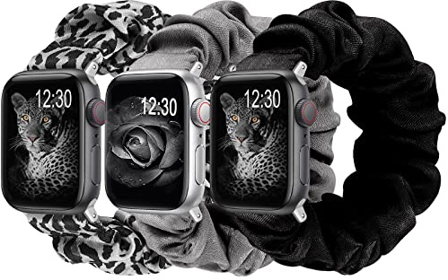 Wearlizer 4 Stück Kompatibel mit Apple Watch Armband Scrunchie Weich Tuch 38mm 40mm 41mm 42mm 44mm 45mm Süße Gedruckte Uhrenbänder Frauen Dehnbares Armband für iWatch 7/SE/6/5/4/3/2/1