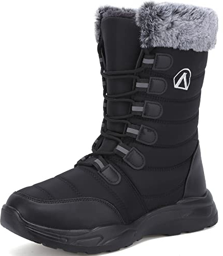 DimaiGlobal Womens Mens Winter Snow Boots Outdoor Waterproof Anti-Slip Tall Snow Boots Ladies Walking Shoes Comfy Flats Warm Faux Fur Lined Shoes 6UK Black