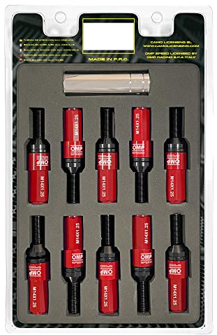 OMP Speed Set mit 20 Stahlschrauben mit Aluminiumschutz, farbig, M14 x 1,25, Schlüssel 17-19, Länge 28 mm, mit rotem Schutz aus Aluminium 7075 + DIN 12.9