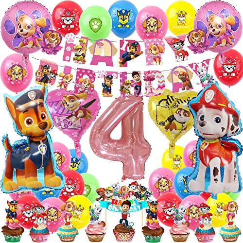 Patrol Geburtstagsdeko Mädchen Hund Geburtstag Party Rosa Ballon Deko Set für Mädchen 4 Jahre Helium Folienballon Banner Toppers Dekoration (Zahl 4)