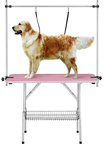 Yaheetech Höhenverstellbar Trimmtisch für Hunde groß, Schertisch mit 2 Galgen, Badezubehör für Hunde,Hundepflegetisch klappbar - 118 x 60 x 177 cm (L x B x H) -max. Tragelast 120 kg, Rosa