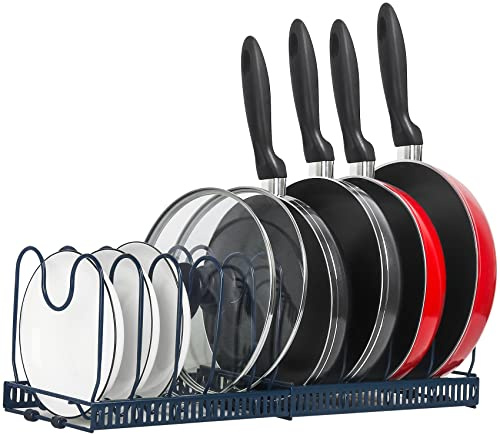 ROOHUA Expandable Pot and Pan Organizer - Cabinet Pot Lid Holder with 10 Adjustable Compartments for Cookware, Baking, Frying (Dark Blue, 10)