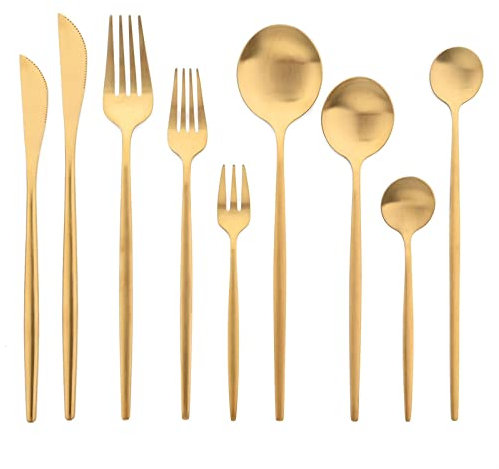 Juego de cubiertos dorados de 9 Uds., cucharas doradas, tenedores, cuchillos, cubiertos, juego de cubiertos, vajilla de acero inoxidable, juego de cubiertos mate for cena