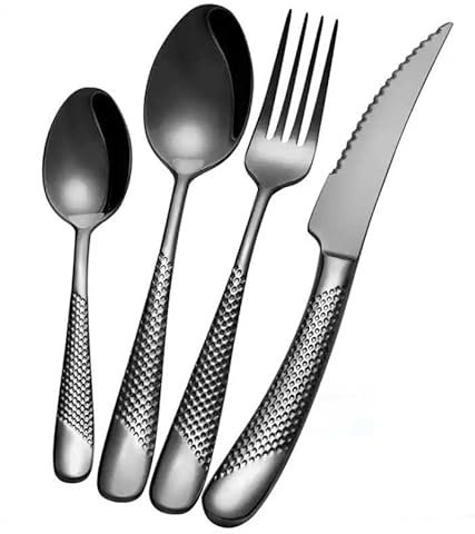 Exeton Luxury Signature 24PCS Cutlery Set, for 6 Person, Stainless Steel 18/8, Silver, Gold, 2-in-1 Steak Knives, Dishwasher Safe (Signature - Black, 24)