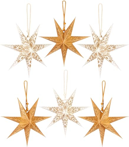 BRUBAKER 6 Stelle di Carta di Natale - Set di Decorazioni di Stelle dell'Avvento - Stelle di Carta Pieghevoli da 20 cm per la Decorazione dell'Albero di Natale - Oro Bianco