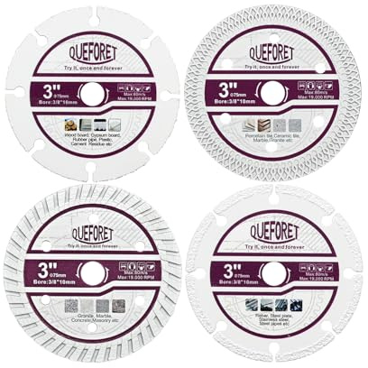 QUEFORET Disques à Tronçonner 75mm 4 Pièces - Disque Carbure pour Bois, Disque Diamant pour Carrelage, Disque Diamanté pour Béton, Disque Diamant pour Acier, Alésage de 10mm