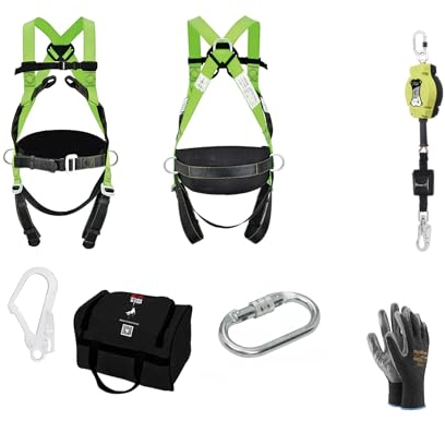 Generisch Safety Helixon-S Stahldrahtseil, Höhensicherungsgerät mit automatischem Rückzug, EN360, PSA 10,0 m + Profi Auffanggurt EN358 +Karabiner + Gerüstkarabiner EN361, Fallschutz Dachsicherung
