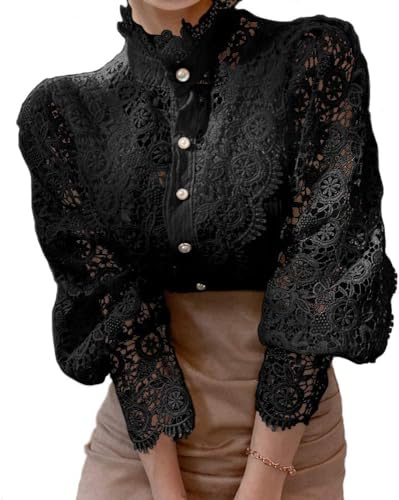LLECDASEUI Blusa De Manga Larga Con Encaje Para Mujer, Camisas Victorianas Con Botones, Elegantes, Informales, Bohemias, Para Trabajo, Primavera (3XL,Negro)