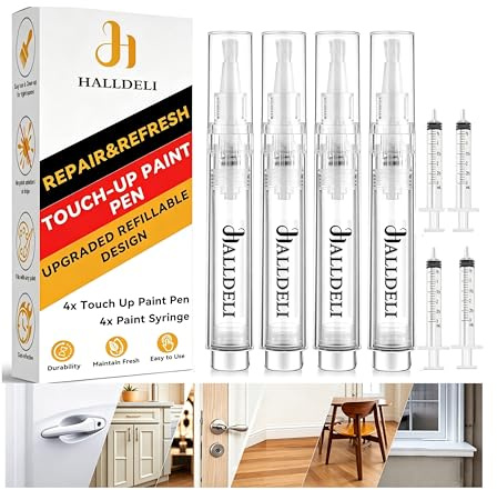 Fillable Touch Up Paint Pen Brush, 4 Pack User-Friendly Refillable Paint Pens, Multiple Applications Touch-Up Paint Brushes for Walls, Wood, Floor, Cabinets, Doors and Windows (8 Pcs Kit)