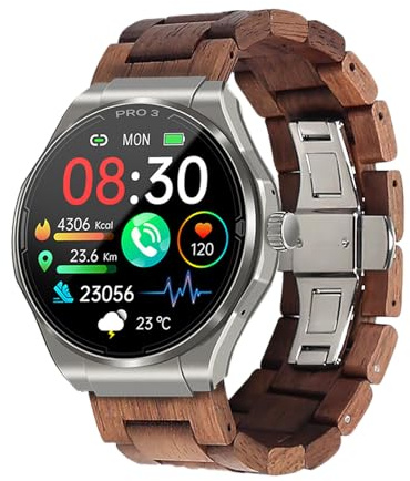 Knauermann PRO 3 (2024) Silber - Gesundheitsuhr Smartwatch mit Telefoniefunktion - EKG + HRV und SOS Funktion - AMOLED Display- BT Bluetooth - Schlafapnoe - Echtholzband Dunkelbraun, 14-24, rund