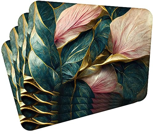 MG Design Set aus 4 Kork-Platzsets – Leaves with Gold 1 – 30 x 40 cm – hitzebeständig & abwischbar, mit Korkrückseite
