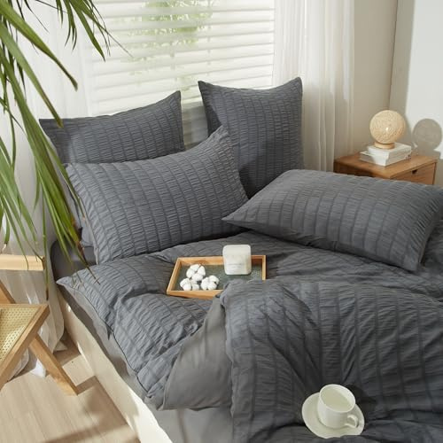 YASMENG Seersucker sängkläder 135 x 200 grå randiga sängkläder Seersucker moderna sängkläder mikrofiber mjukt ventilerande påslakan set 2 delar med dragkedja och 80 x 80 cm örngott
