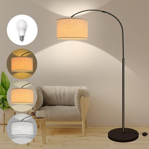 Lampada ad arco da salotto con 3 temperature di colore, lampadina E27 da 12W inclusa, paralume in lino, interruttore a pedale, lampada LED dimmerabile Adatta per camera da letto, lettura, ufficio, ecc