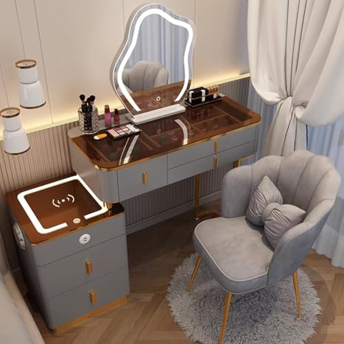 Modernes Schminktisch-Set mit Stuhl, Spiegelleuchten, Touchscreen, dimmbar, 3 Schubladen, Beistellschrank, weiß, kleiner Schminktisch für Schlafzimmer oder Badezimmer, Braun und Grau, 80,2 x 40 cm