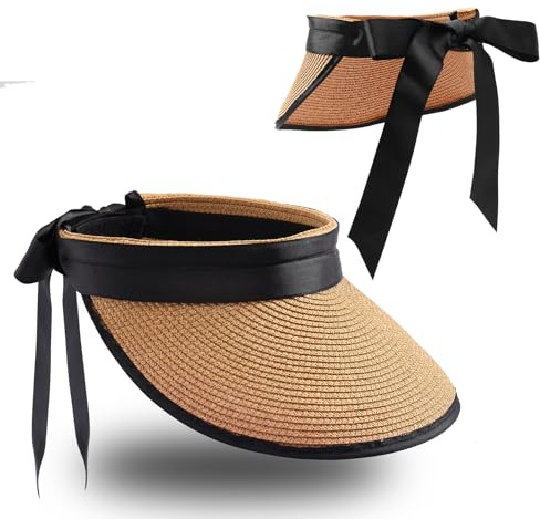 MILAKOO Sun Visor Hut Frauen Einstellbar Breite Krempe Cap UV-Schutz Faltbar Stroh Strand Pferdeschwanz Hut mit Band
