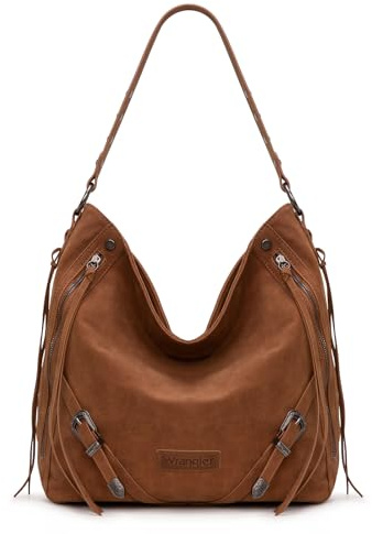 Wrangler Large Hobo Purses and Handbags for Women with Buckle and Fringe Zipper Faux Suede Shoulder Bag, Brown, L