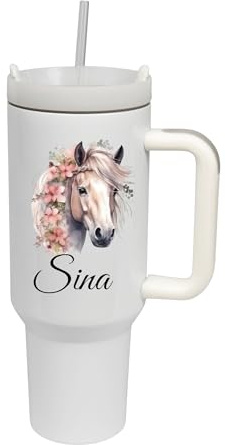 Großer Trinkbecher mit Strohhalm Personalisiert | 1200ml Thermobecher mit Deckel und Strohhalm | Trinkflasche Bedruckt mit Pferde-Motiv und Namen| Geschenkidee Ostern Erwachsene | Coffee