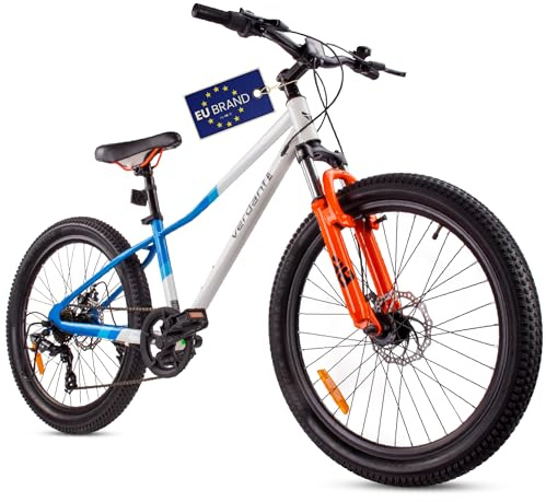 Verdant Barncykel för pojkar 24 tum att, Cykel för barn 8 år med stålram, skivbromsar, 7 växlar, stötdämpare fram (Vit Blå Orange)