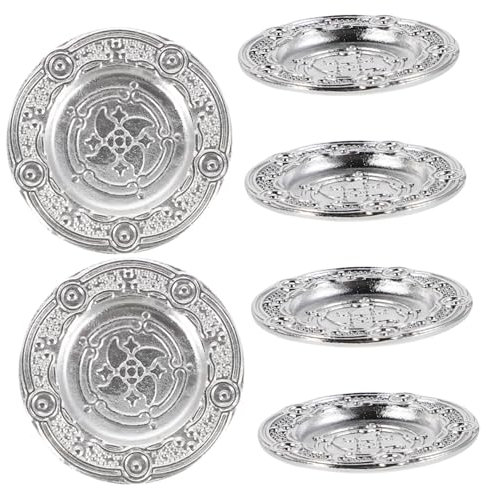 Abaodam 6pcs Metallic Miniature Plates for Dollhouse of Miniature Dishes Detailed Engraving for Scale House Decor