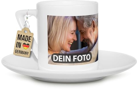 Tassendruck Espressotasse bedrucken mit Foto & Text - Persönliches Geschenk für Freunde, Familie, Kollegen zum Jubiläum, Geburtstag - Eckiger Henkel, Porzellan-Tasse mit Untertasse, 100 ml