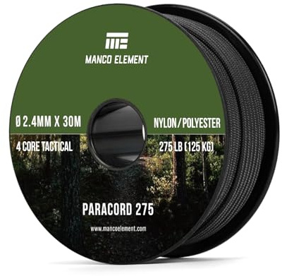 Manco Element Paracord 275 2,4mm x 30m Nylon Schnur Seil 4 Kern | Schwarz, Nylon & Polyester, 125kg (275lbs) Tragfähigkeit, UV & Abriebfestigkeit, für Basteln, Armband, Outdoor, Spule