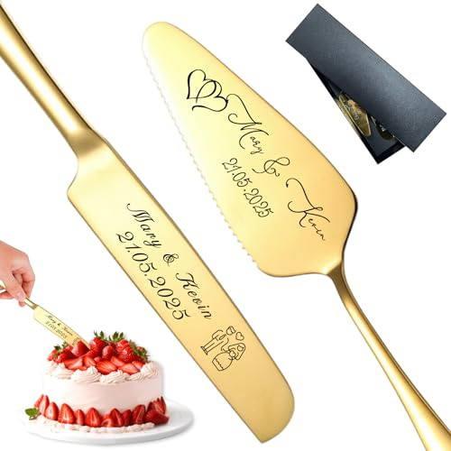 FKF Personalisiert Tortenheber Personalisierts Tortenmesser Gravur Name und Text Tortenschaufel Hochzeit Personalisiert als Geschenk zur Hochzeit Jahrestag Geburtstag (Goldenes Kuchenmesser)