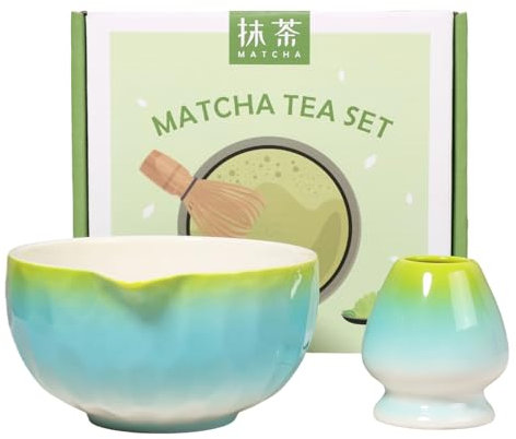 BAODBF Juego de 2 piezas de Matcha, accesorios para matcha con batidor de té, cuenco de cerámica para matcha, set de té matcha, regalos para los amantes del té (azul claro)