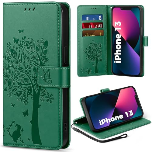 EASDNB Handyhülle für iPhone 13 Hülle Lederhülle Flip Wallet Case | 3 Kartenfächer, Magnet, Ständer, Premium Leder Prägung, Magnetic Closure, RFID Blockierung Klapphülle, Grün