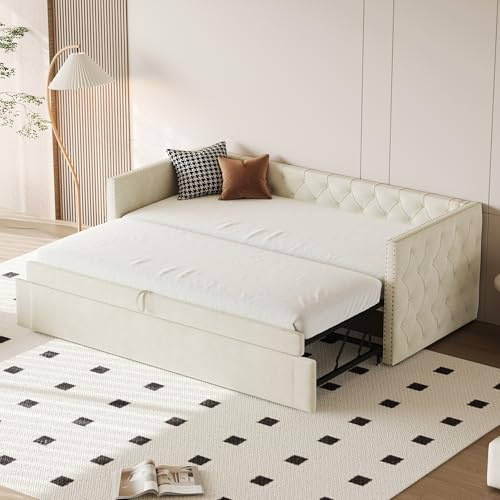 Lahoomu Polsterbett Ausziehbares Schlafsofa Beige 90/180 * 200cm mit Lattenrosten, Multifunktionsbett aus Hautfreundlichem Samtstoff，Klassische Vollform mit Knöpfen