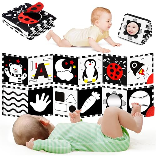 BBWOO Kontrastbuch Baby, Schwarz-Weiß Spielzeug Baby, Stoffbuch mit Beißring, Kontrastkarten für 0-6 Monate, Neugeborene Geschenk