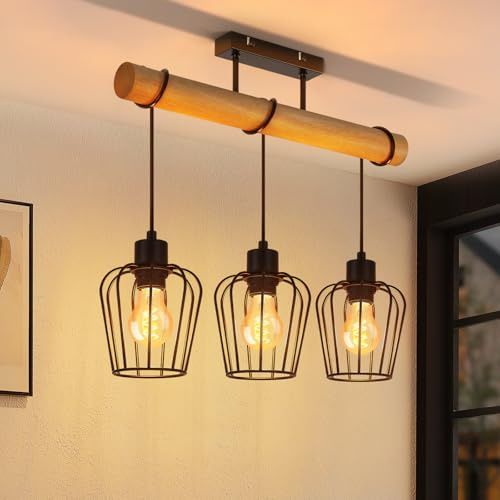 ZMH Deckenleuchte Holz Vintage Deckenlampe Küche Schwarz Küchenlampe E27 | Wohnzimmerlampe im Industrial Design aus Metall Deckenbeleuchtung für Esszimmer Schlafzimmer - ohne Leuchtmittel