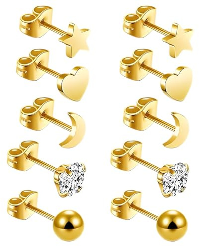 5 Pairs Gold Stud Earrings for Women, Aesthetic Small Gold Studs, Small Stud Earrings Heart Moon and Star Earring, Durable Suitable for Giving Women Commemorative Birthday Gifts