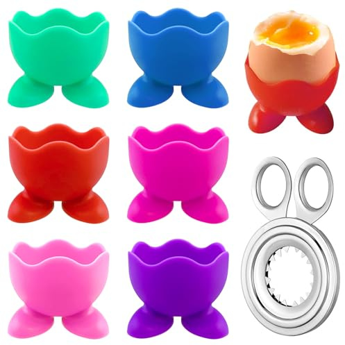 GZhaimai Lot de 6 coquetiers colorés en silicone incassable avec ouvre-œufs et coupe-œufs, design antidérapant pour cuisine, petit déjeuner, camping