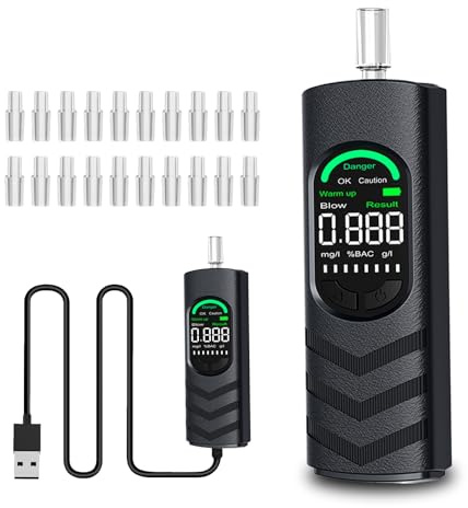 YRHWS Alkoholtester, Polizeigenau Alkoholmessgeräte mit USB Ladefunktion und 20 Mundstücken, Professioneller Alkohol Tester Promillemessgerät mit Digitaler LCD Bildschirm