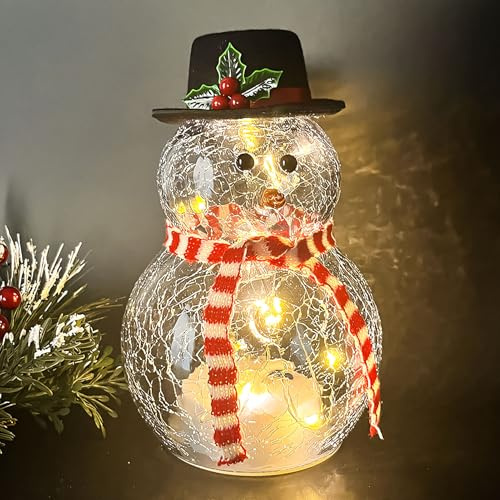 Figura decorativa de muñeco de nieve LED de cristal, 19,5 cm, decoración navideña para interior y exterior, figura de muñeco de nieve iluminada, figuras de Navidad con temporizador, muñecos de nieve
