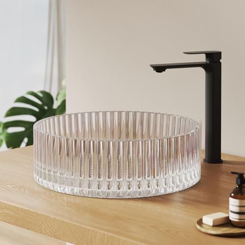 EMKE Lavabo da appoggio in vetro rotondo 40,0 × 40,0 × 12,0 cm – Design lavabo in vetro grande volume per bagno e WC degli ospiti, lavabo senza foro per rubinetto, arcobaleno