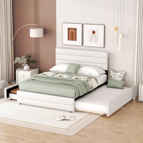 OKMYHOME Doppelbett 140 x 200 cm – Ausziehbett mit ausziehbaren Schubladen und zusätzlicher Aufbewahrung – für Erwachsene/Jugendliche – Weißes Leinen – ohne Matratze