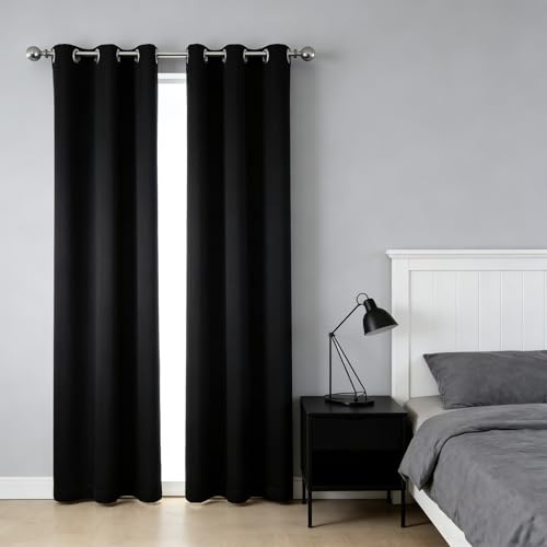 WUXXIANG Cortinas Salon Modernas 60 x 170 cm Frio y Calor, Ruido Reducción, Opaca, Termica Aislante Frio, con Cinta Fruncida, Suave Cortinas Cocina para Salon, Habitacion, Comedor, Negro