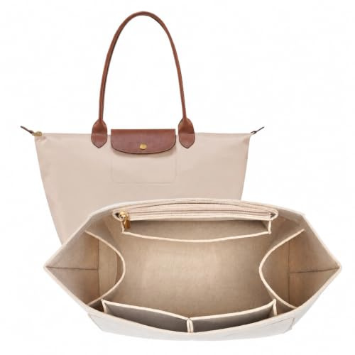 Taschen Organizer passend für Longchamp Tasche Damen, Filz Taschenorganizer mit Mehreren Taschen, Tascheneinsatz mit viel Stauraum, Handbag Insert als Innentasche für Tote Bag, Beige 30,5 × 22 × 19 cm