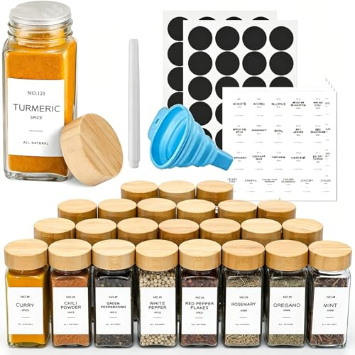 Yolispa Spice Jars 36 Pack, Glass Bottles with Bamboo Lids & Airtight Seal | 120ml Capacity, Labels, Shaker Lids, Funnel Included, Clear Glass, for Herbs, Seasonings, Kitchen Storage