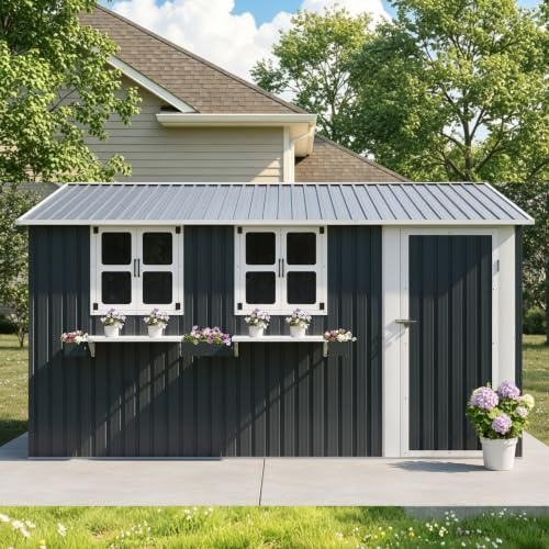 Caseta de metal con techo a dos aguas, puertas dobles y estante para flores, cobertizo de acero galvanizado, resistente a la intemperie, cobertizo para terraza y exterior, espacio de almacenamiento