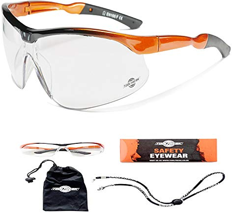 ToolFreak Agent Safety Glasses, Distortion Free Clear Wraparound Lenses with Impact and UV Protection, Fog and Scratch Reduction, EN166F Rated Eyewear, Pouch and Neck Cord