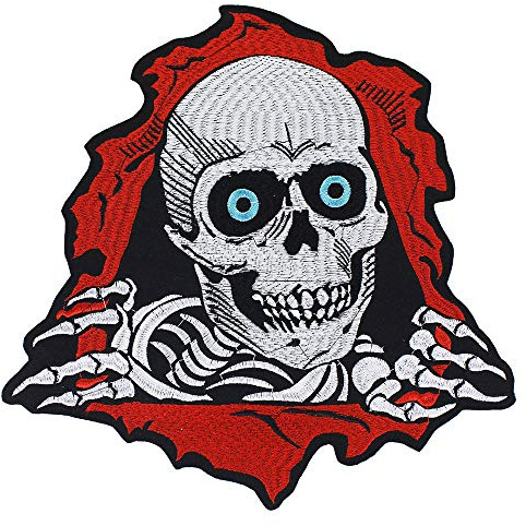 EMDOMO Totenkopf-Stickerei-Aufnäher zum Aufbügeln, für Motorradfahrer, Punk-Aufnäher für Jacke, Rücken-Abzeichen, Applikation, Nähen, Basteln, 1 Stück